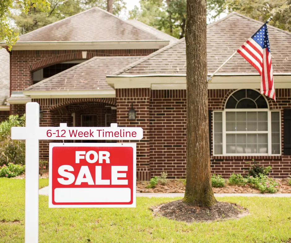 A brick house with an American flag, a lawn, and a "For Sale" sign in front stating a 6-12 week timeline—perfect for an as is home sale if you're looking to sell home quickly.