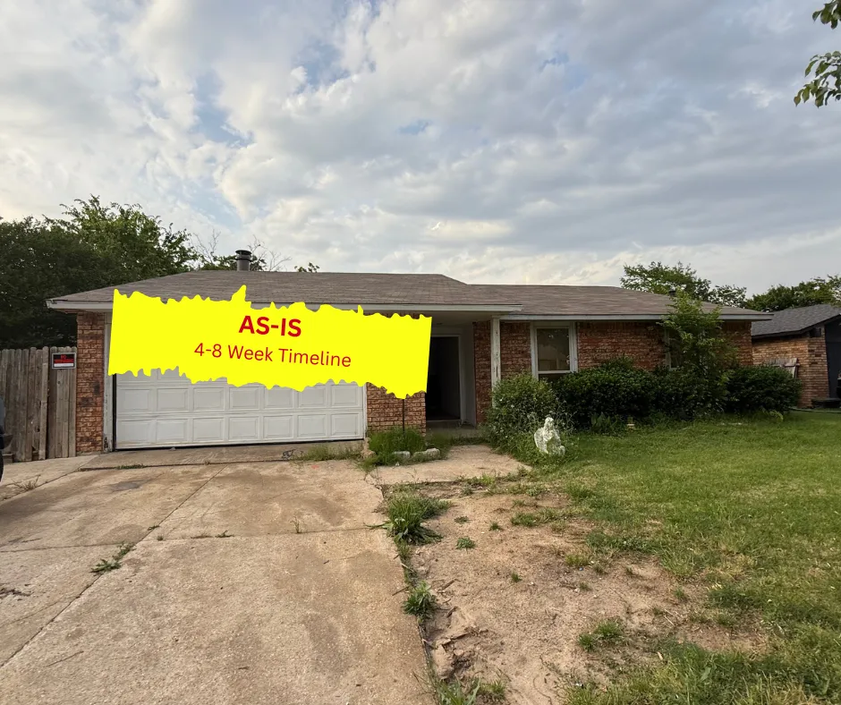 Single-story brick house with overgrown grass and a cracked driveway; a yellow sign on the garage reads "AS-IS 4-8 Week Timeline”—perfect for an elder seeking an as is home sale or anyone looking to sell home quickly.