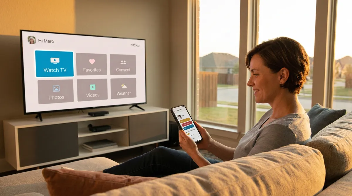 Adult daughter remotely managing her mother's television using JubileeTV app during dementia caregiving