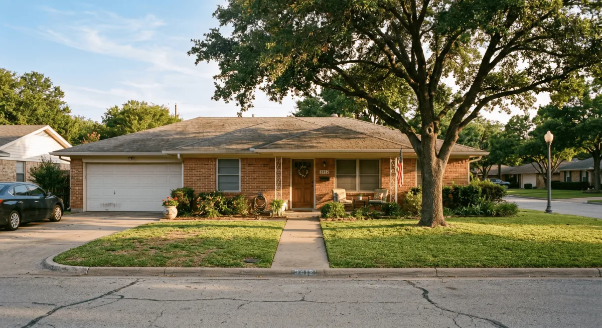Suburban Dallas-Fort Worth ranch home representing an aging parent's longtime house facing a sell, rent, or stay-home decision.