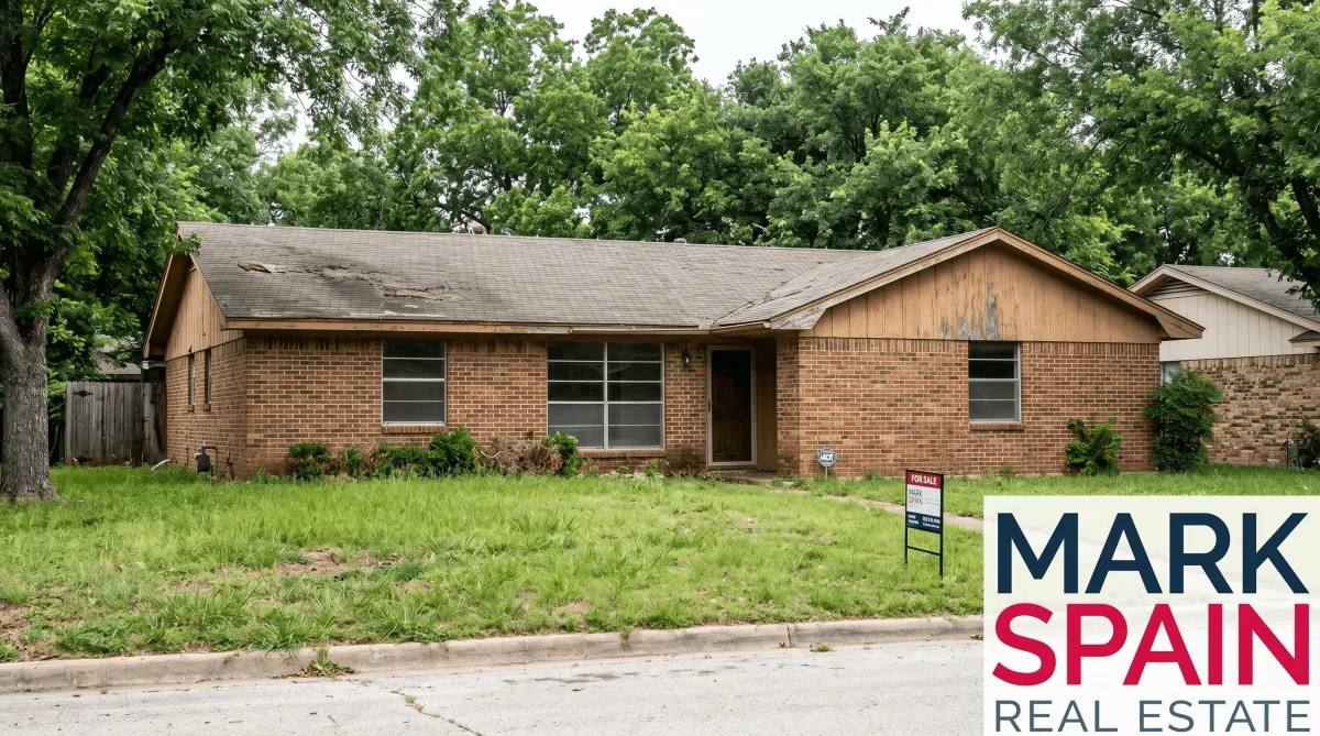 A Fort Worth ranch-style brick home with mature oak trees in the front yard, a FOR SALE sign visible