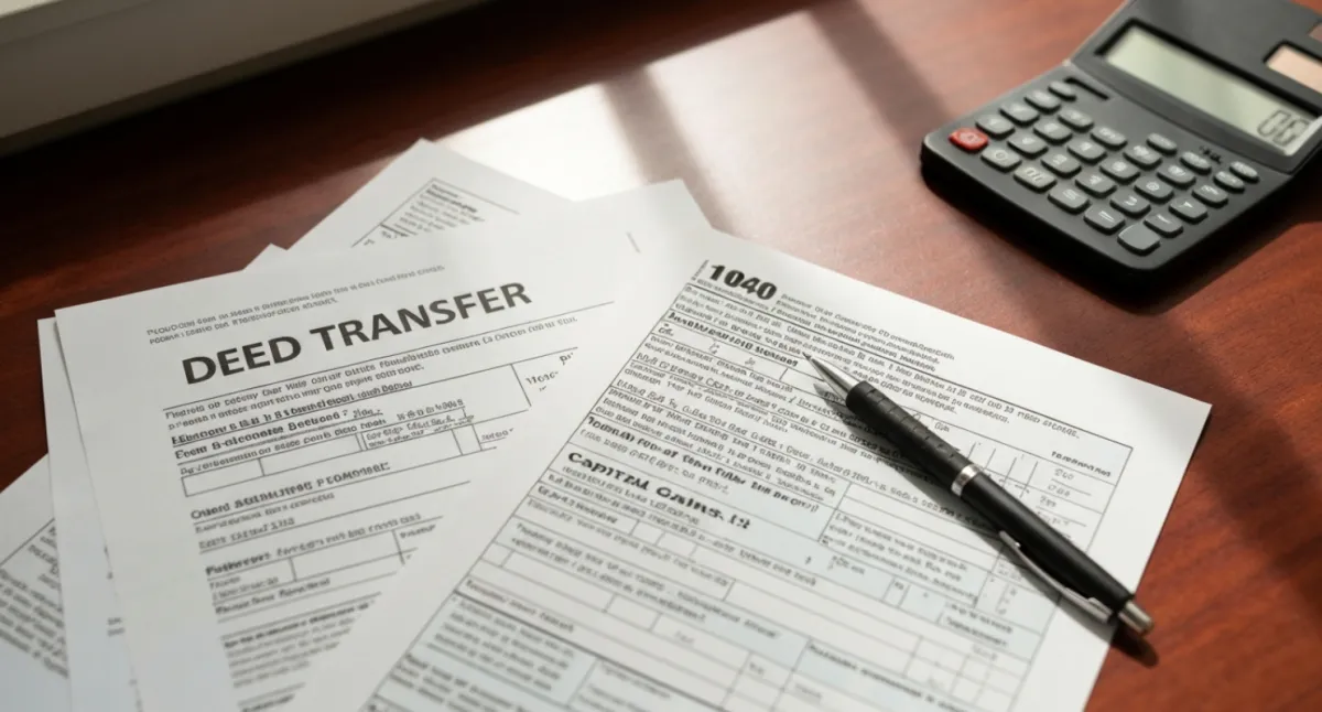 Capital gains tax forms and inherited property deed documents on desk