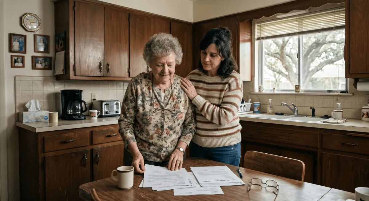 Elderly mother and adult daughter reviewing documents together in Fort Worth home