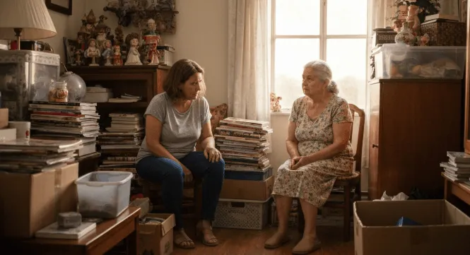 Elderly woman in cluttered home surrounded by accumulated belongings and boxes