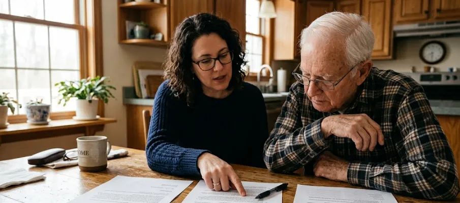 Family reviewing leaseback agreement documents at kitchen table
