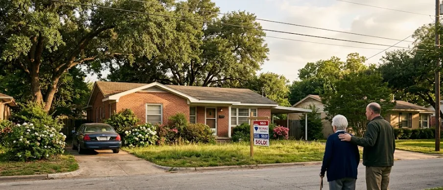 Sold sign in front of Texas ranch home with adult child and elderly parent looking at property