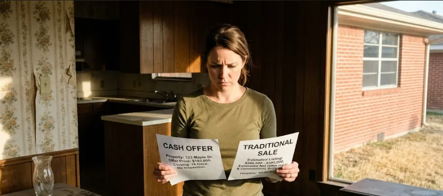 Adult comparing cash sale vs traditional listing options for property with tax liens