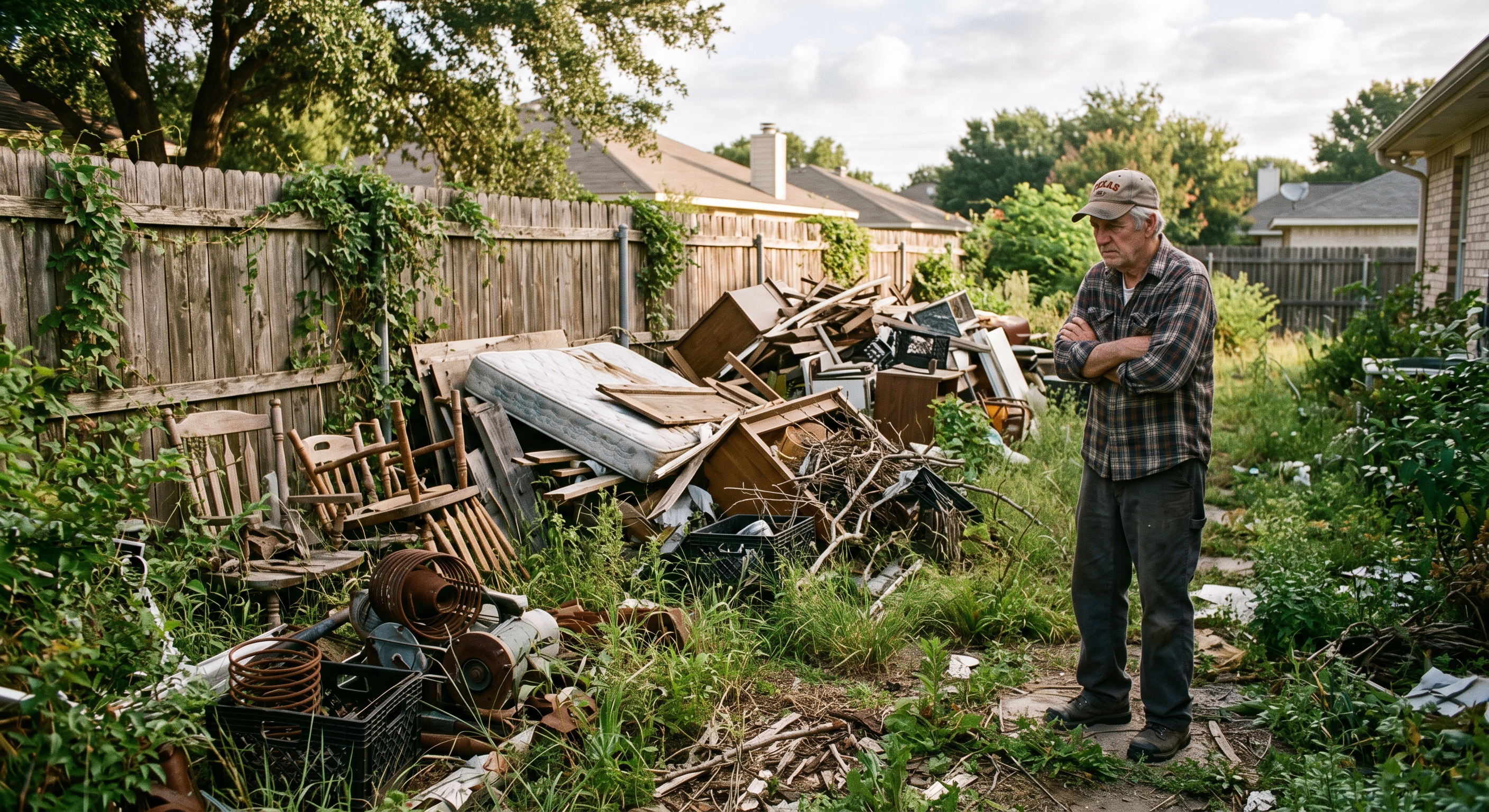 Elderly homeowner surveying cluttered backyard with junk pile against fence