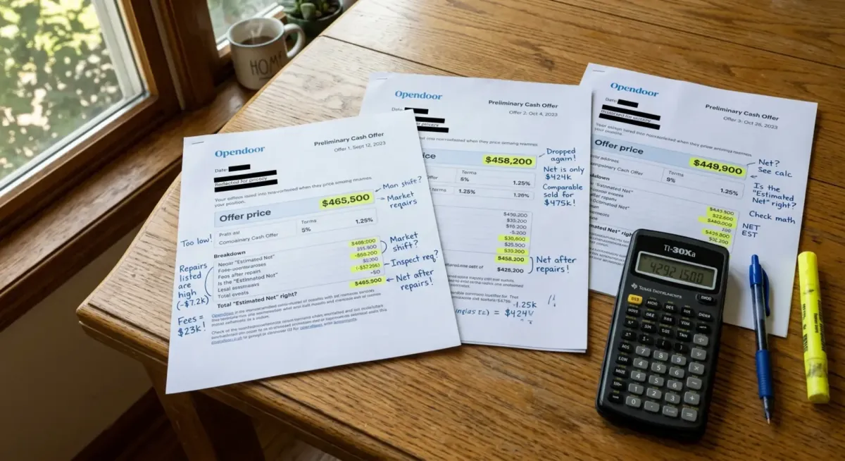 Adult son reviewing documents in cluttered Fort Worth home before selling as-is