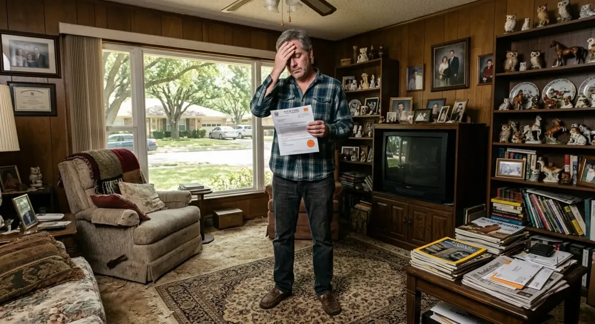Uninhabitable home with FOR SALE sign in Texas yard, adult child viewing property