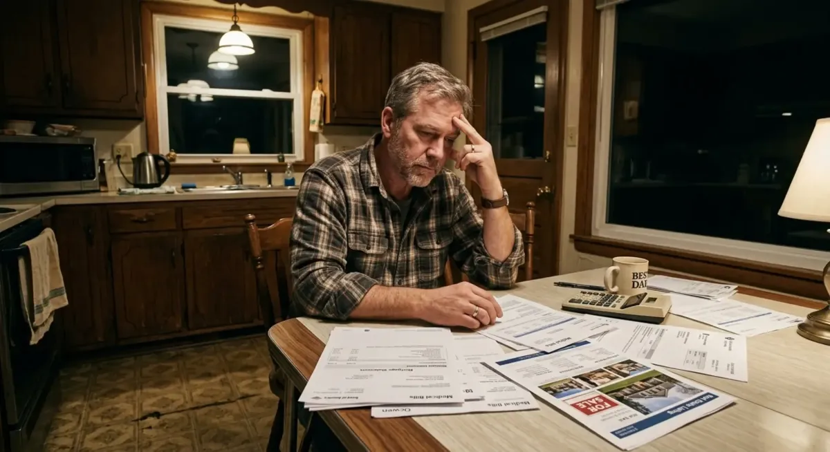 Homeowner comparing two home sale options on tablet in living room