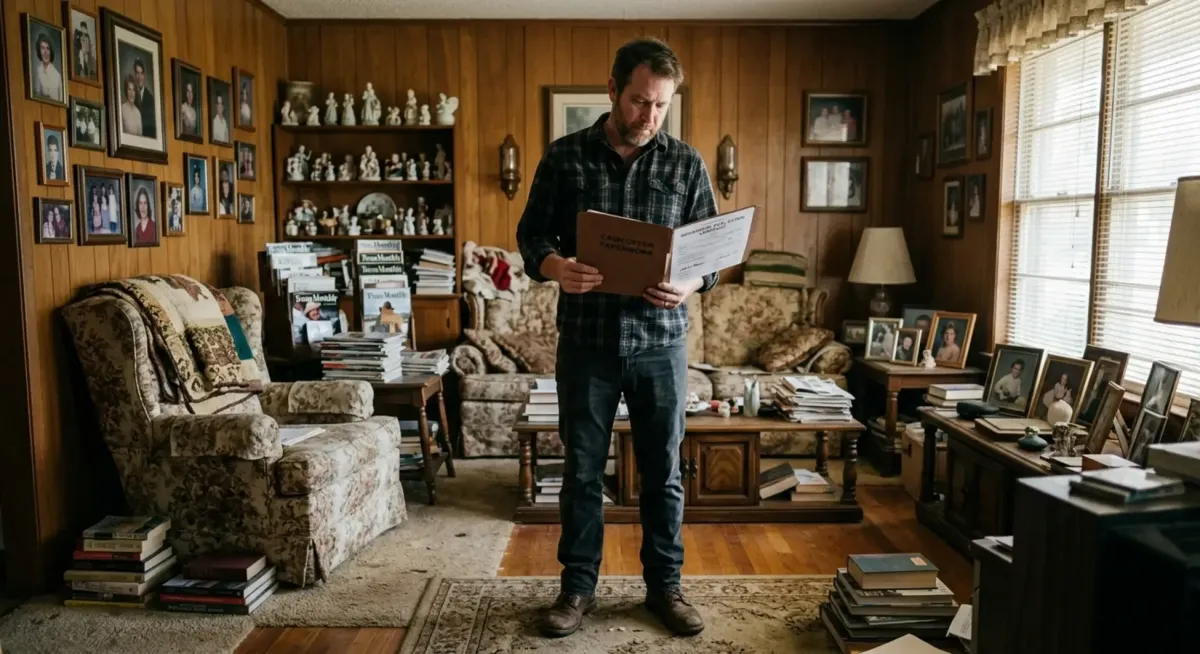 Homeowner in cluttered Grapevine ranch home holding cash sale paperwork, surrounded by decades of belongings