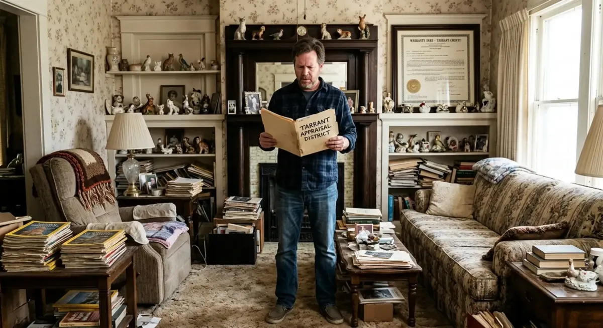 son reviewing documents for parents home ownership in texas