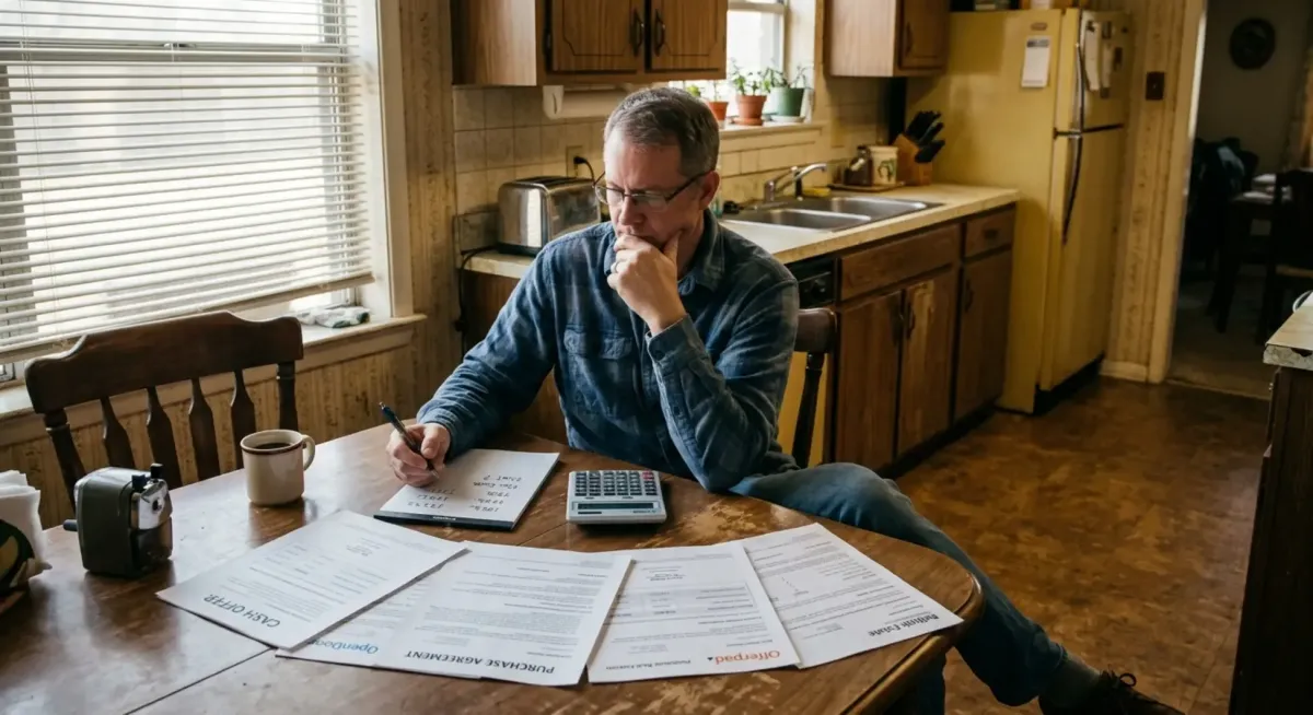 Adult son reviewing cash offer at home