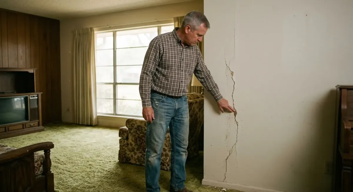 homeowner looking at interior of home seeing major issues and looking for a different selling option