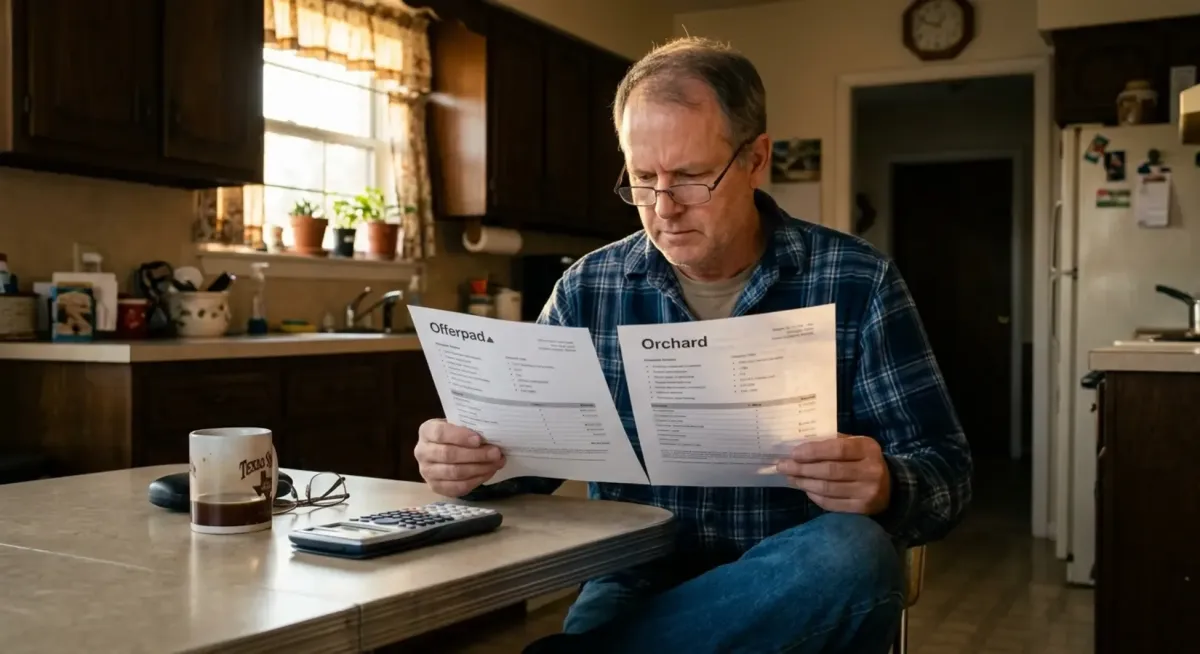 Two cash offer letters compared on kitchen table, homeowner deciding between offers