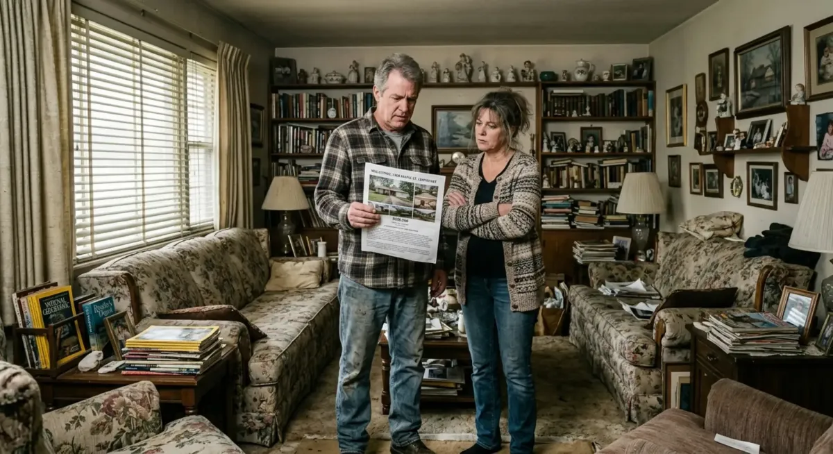 Adult son reviewing house sale documents in cluttered family home in Lewisville