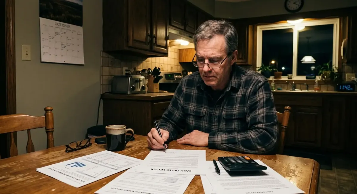 Man reviewing cash home buyer offers in cluttered family home