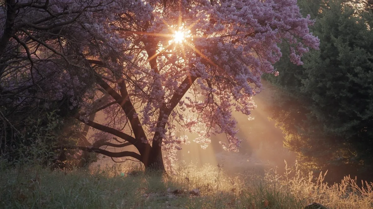 Sunlight streaming through a blooming tree, symbolizing renewal radiance, and connection to nature