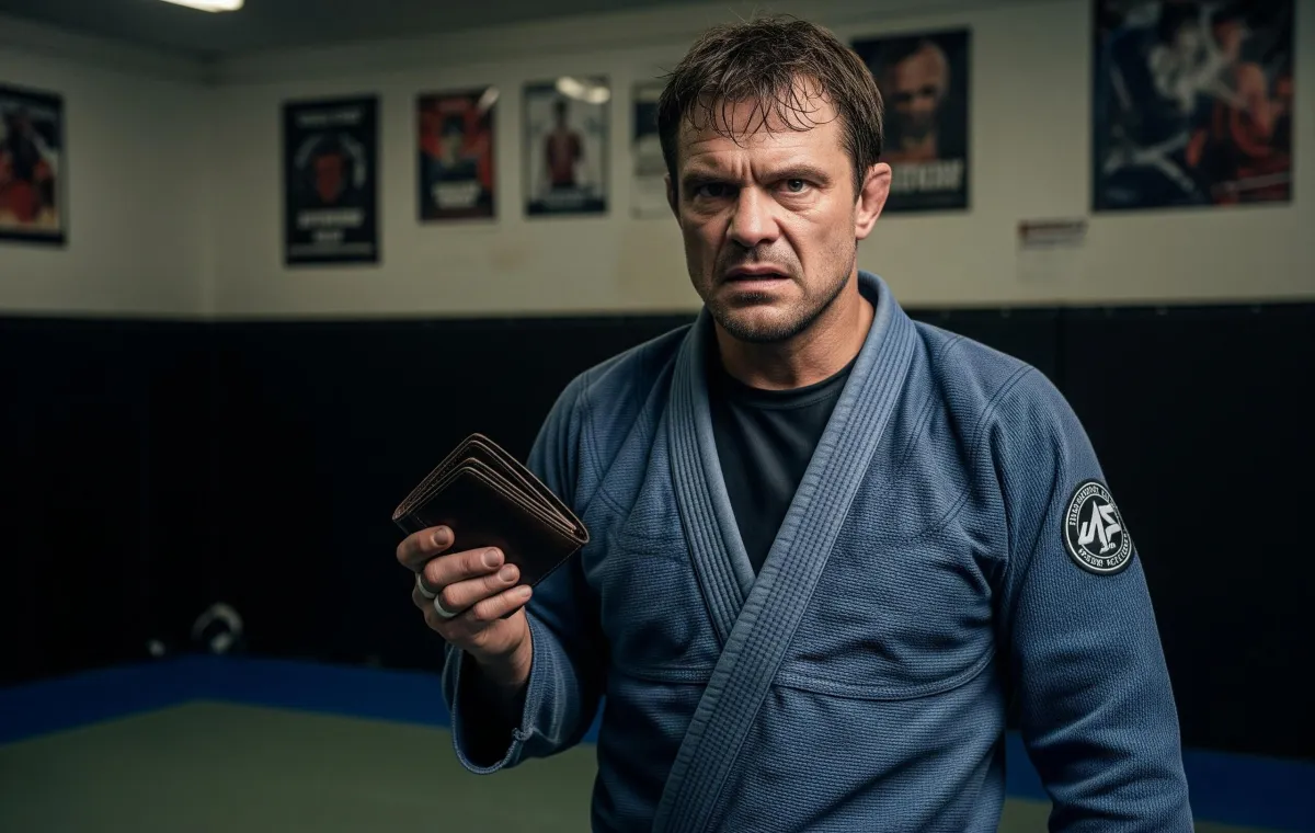 bjj black belt frustrated with a wallet in his hand