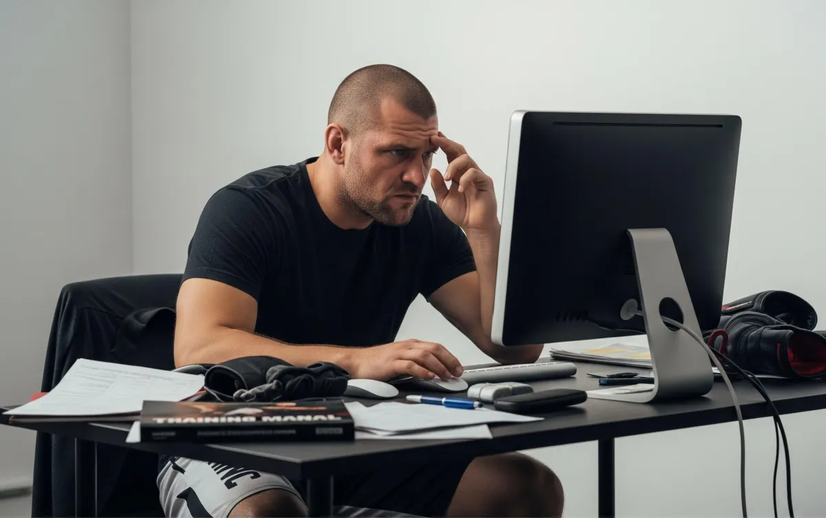mma coach frustrated working on his computer