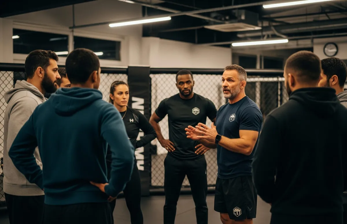mma coach giving instructions to a group of coaches
