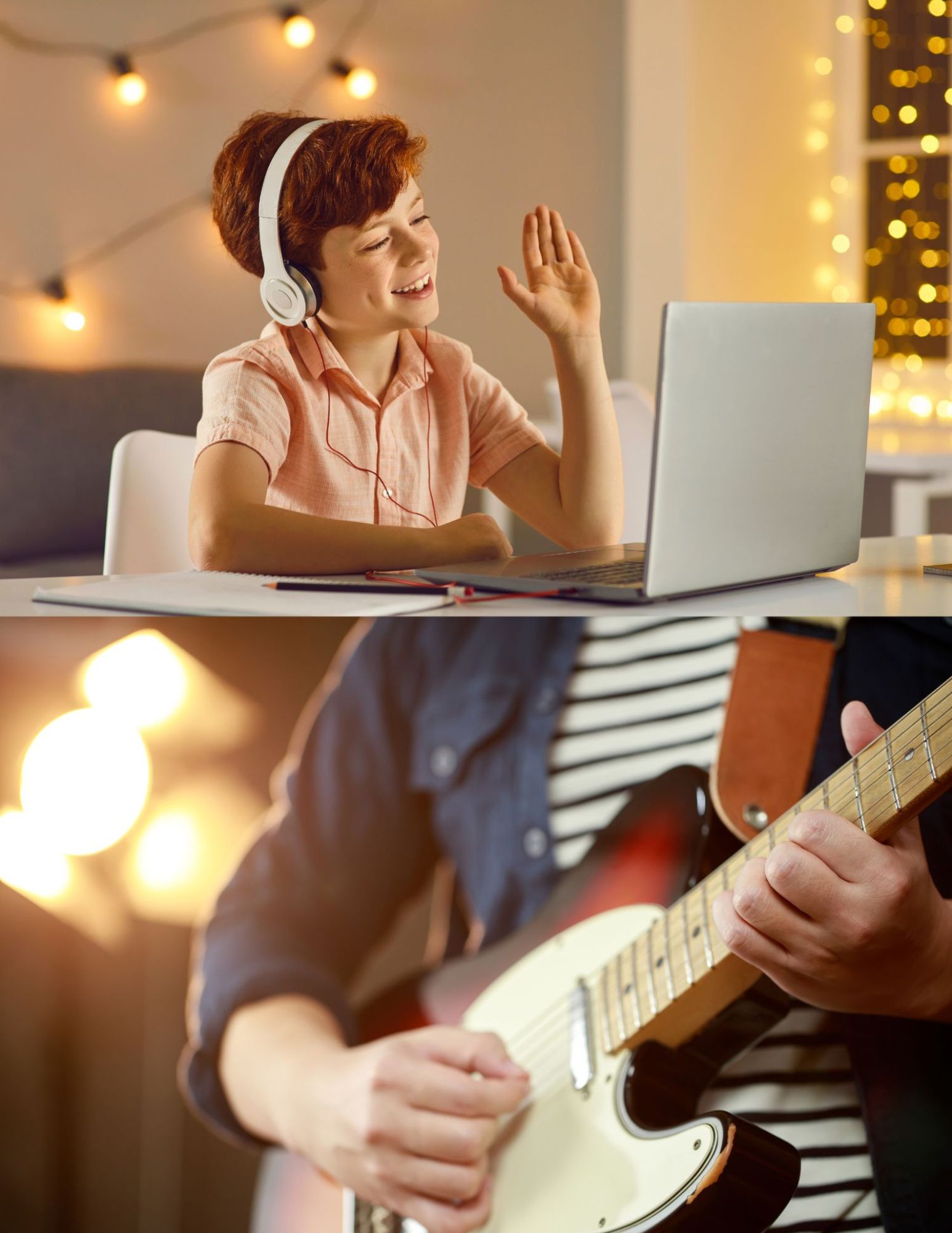 Parent and child laughing playfully together while holding an acoustic guitar in a warm, naturally lit living room