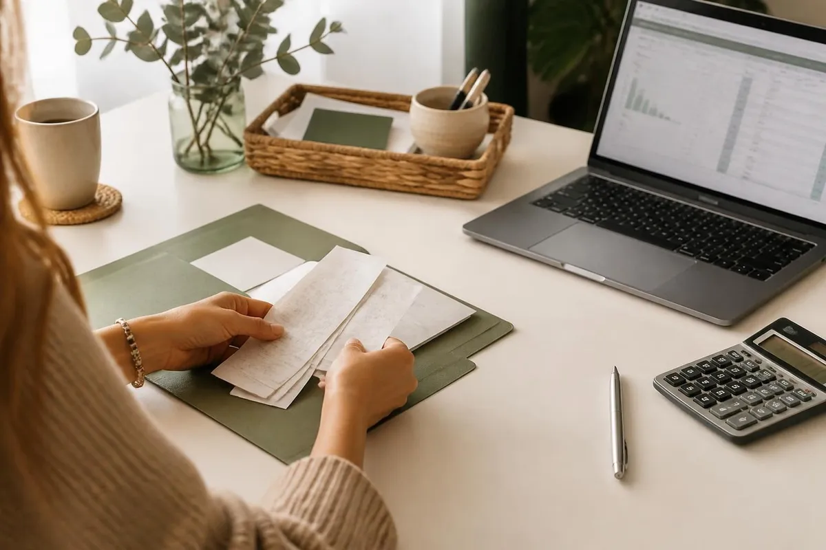 Hands sorting receipts next to a laptop with bookkeeping software