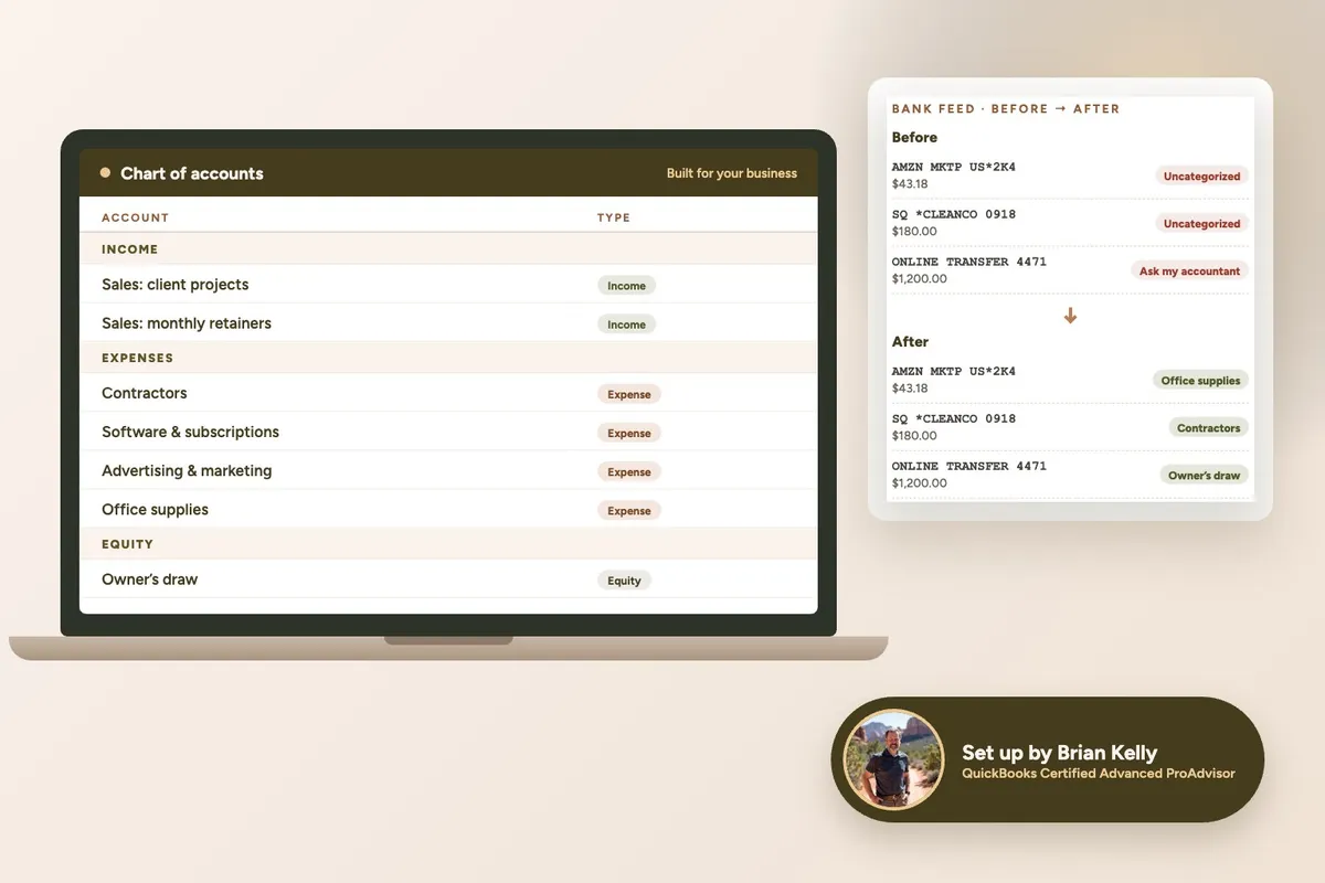 Brian Kelly of Kellcat with a laptop showing a clean chart of accounts and a bank feed sorted from uncategorized into clear categories