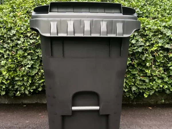 Clean residential garbage bin placed in front of a green hedge.