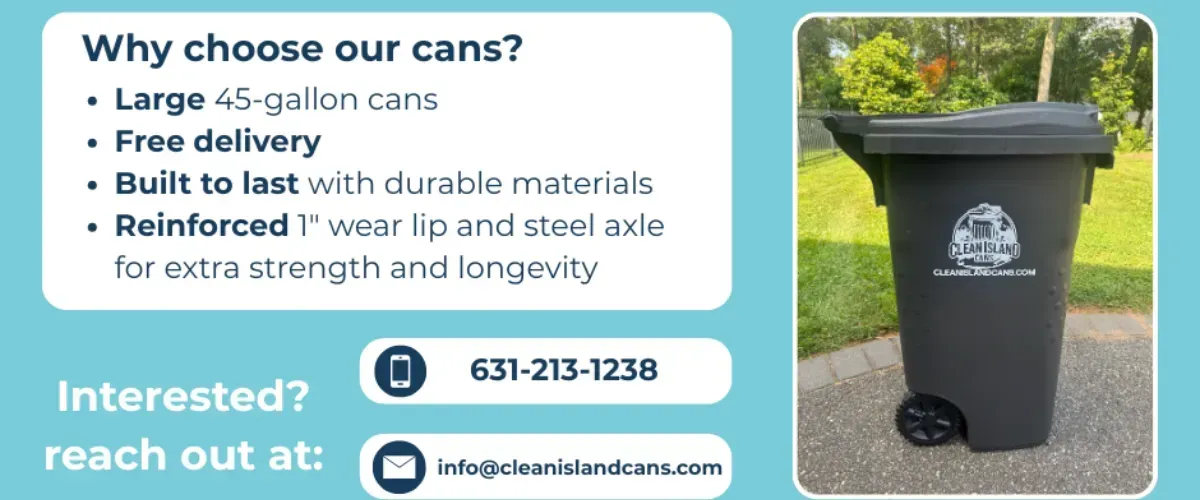 Promotional flyer showcasing Clean Island trash cans with features and contact details