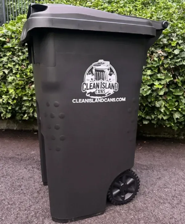 Branded garbage bin from Clean Island Cans cleaning service