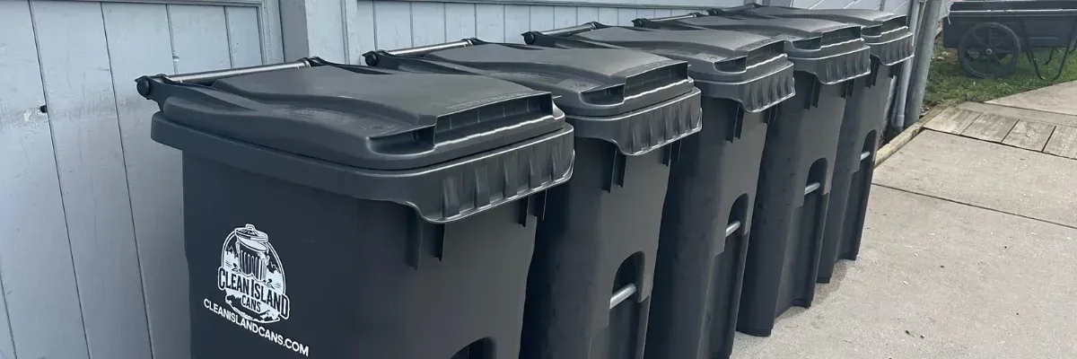 Row of freshly cleaned black trash bins lined up outside building.