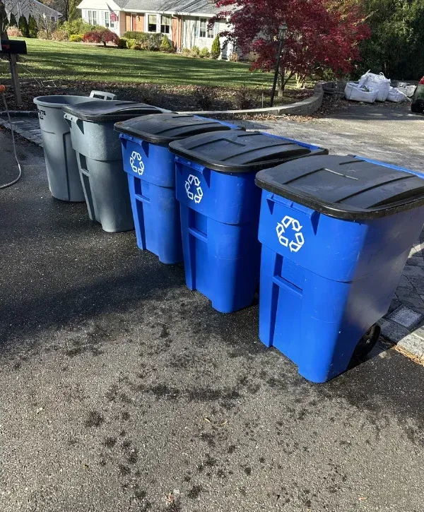 A row of gray garbage bins and blue recycling bins with white recycling symbols lines a paved driveway on a sunny day.
