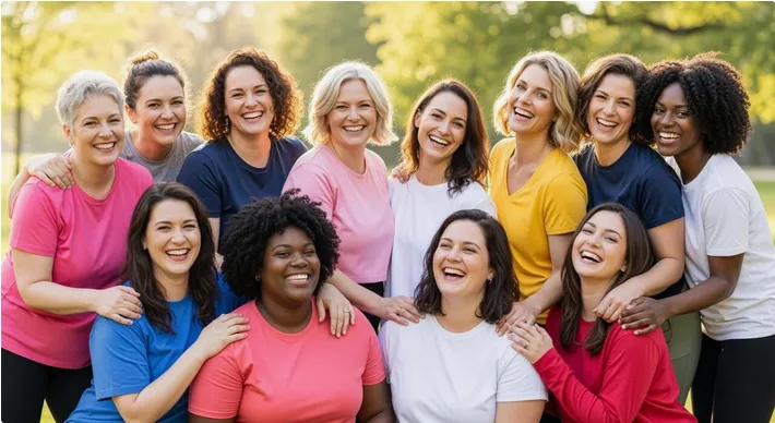 A vibrant photograph showing twelve diverse women standing together for a photo in two rows, laughing and smiling, each radiating a unique joy. The background is a soft gradient blending blue, pink, and green, symbolizing unity and diversity. The group includes various ages and ethnicities, all smiling and looking inspired, representing the seven archetypes.