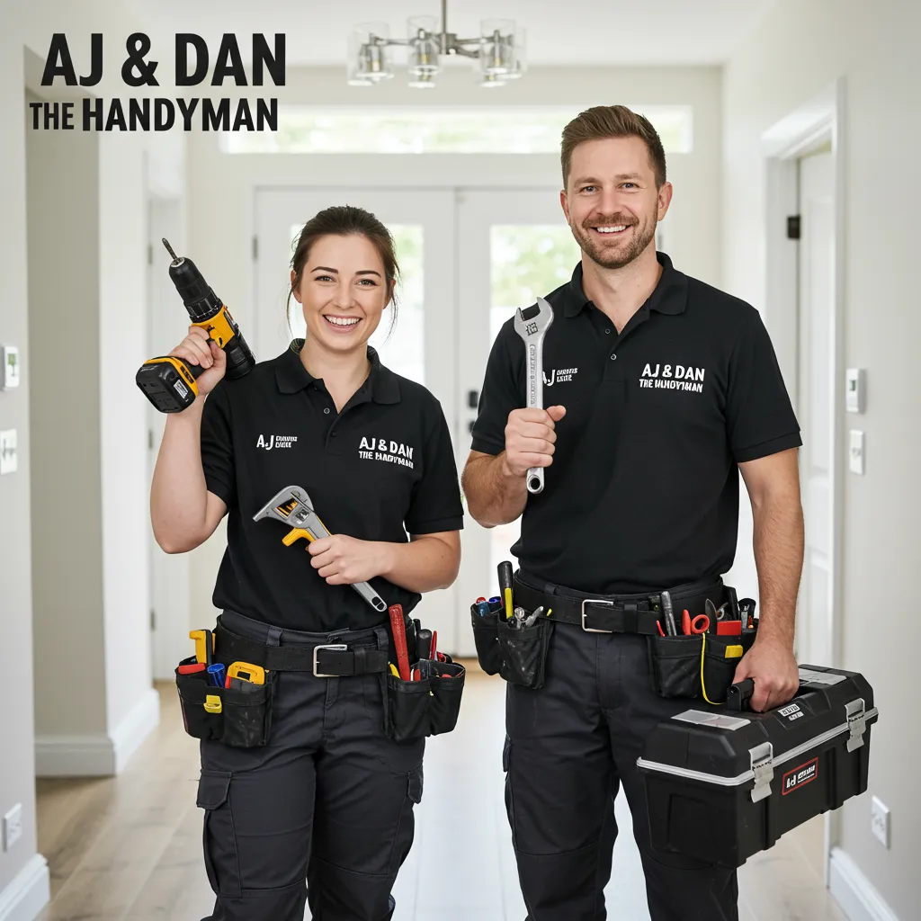 AJ & Dan, two friendly handymen in branded uniforms, standing with toolboxes in a bright, modern home entryway. Both are smiling, one is holding a drill, the other a wrench. The background is softly blurred, emphasizing their approachable demeanor. 3:2 aspect ratio.