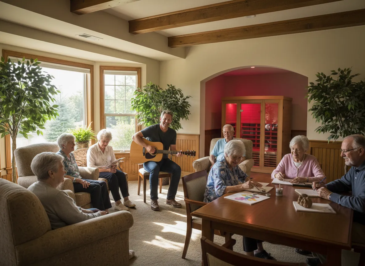 A happy multi-generational family including a grandmother, adult children, and a young girl gathered around a table, smiling and engaged in conversation.