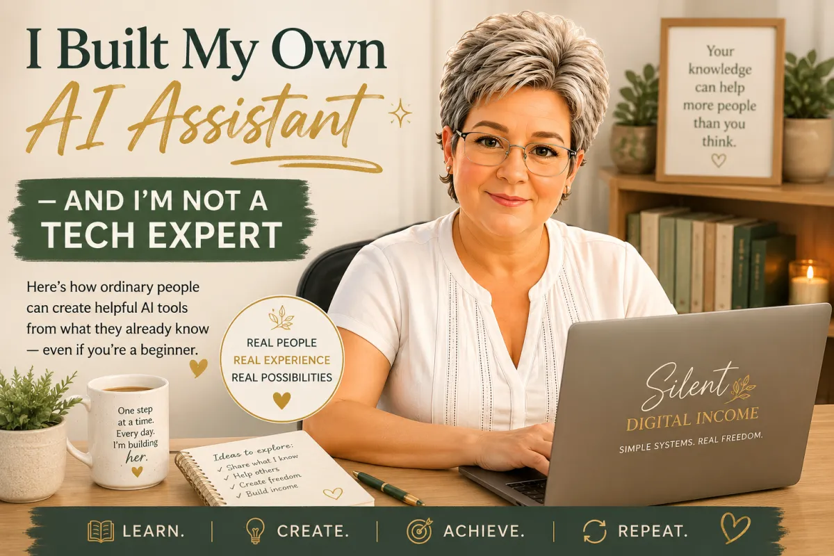 Woman using a laptop with the words I Built My Own AI Assistant – And I'm Not a Tech Expert