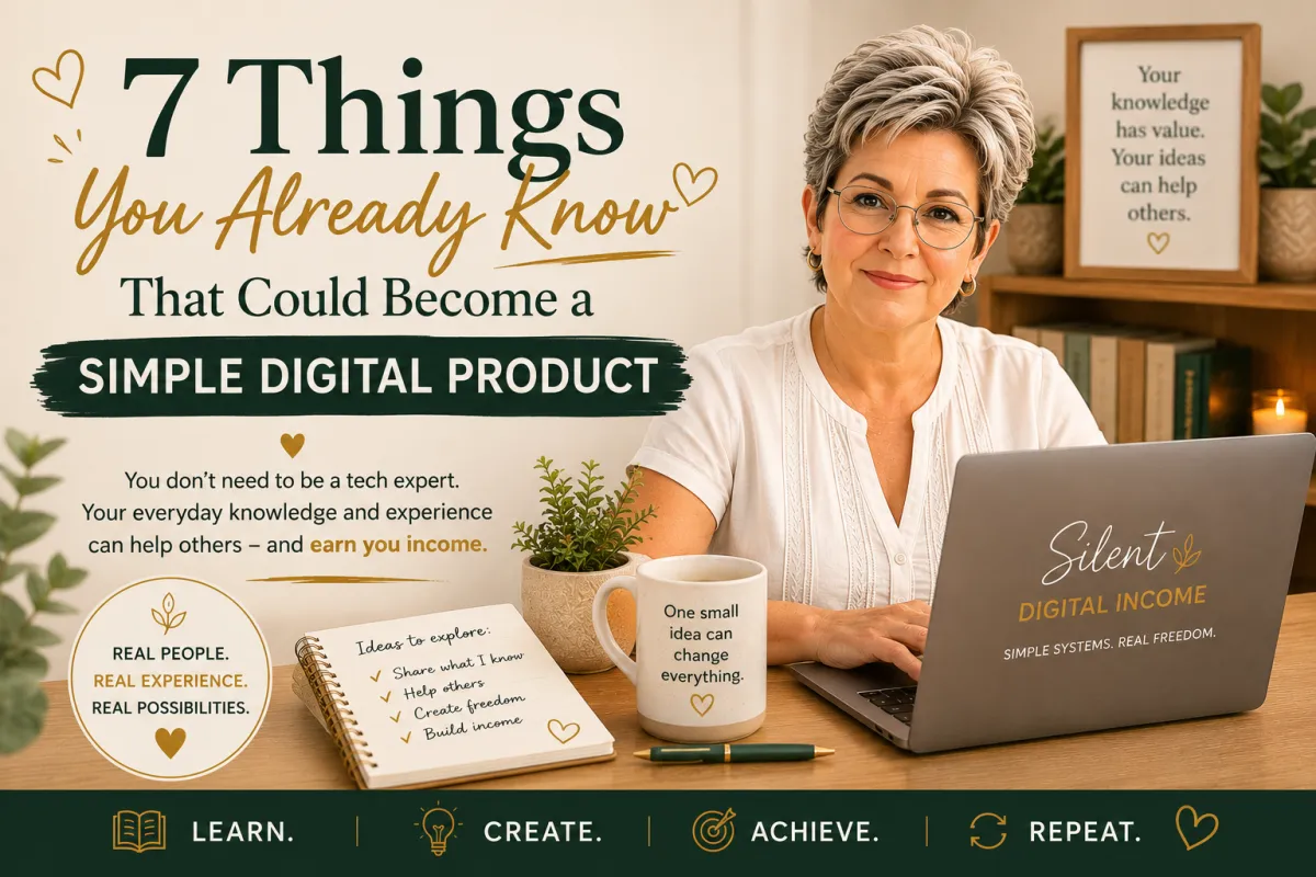 Woman working on a laptop with the words 7 Things You Already Know That Could Become a Simple Digital Product, showing beginners how everyday knowledge can become digital product ideas.