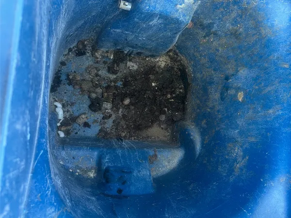 Inside view of a filthy blue trash bin before cleaning, showing grime and buildup