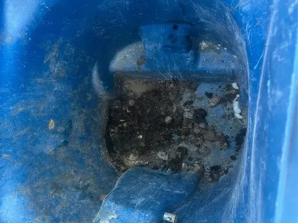 Inside view of a filthy blue trash bin before cleaning, showing grime and buildup
