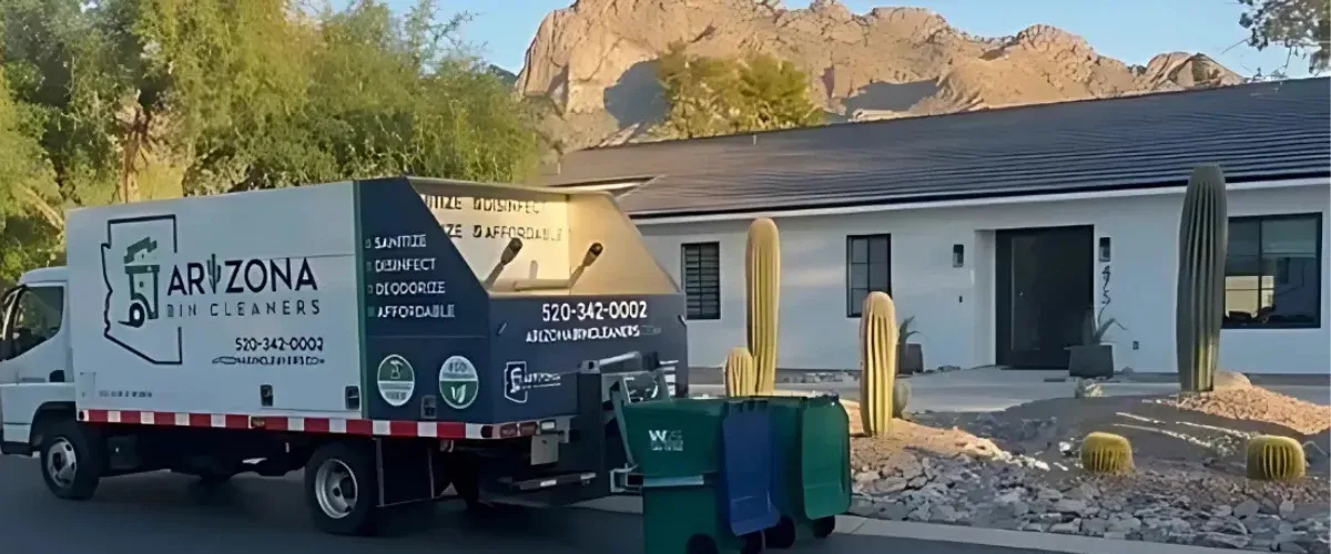 Eco-friendly trash bin cleaning truck providing sanitation services in a modern neighborhood