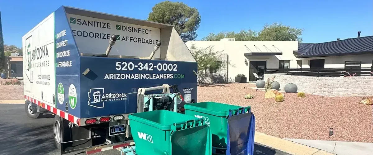 Arizona Bin Cleaners truck providing curbside trash bin cleaning service in a residential neighborhood