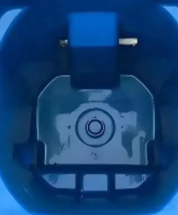 Top-down view inside a clean blue recycling bin after washing.