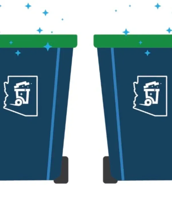 Illustration of clean trash bins with sparkling effects representing Arizona Bin Cleaners.