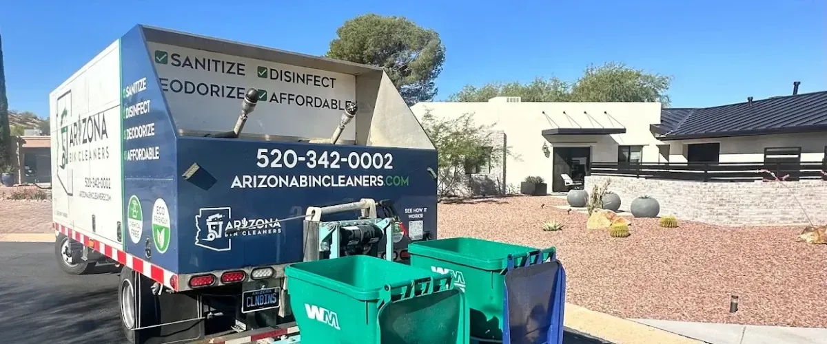 Arizona Bin Cleaners truck performing trash bin cleaning service in a residential neighborhood.