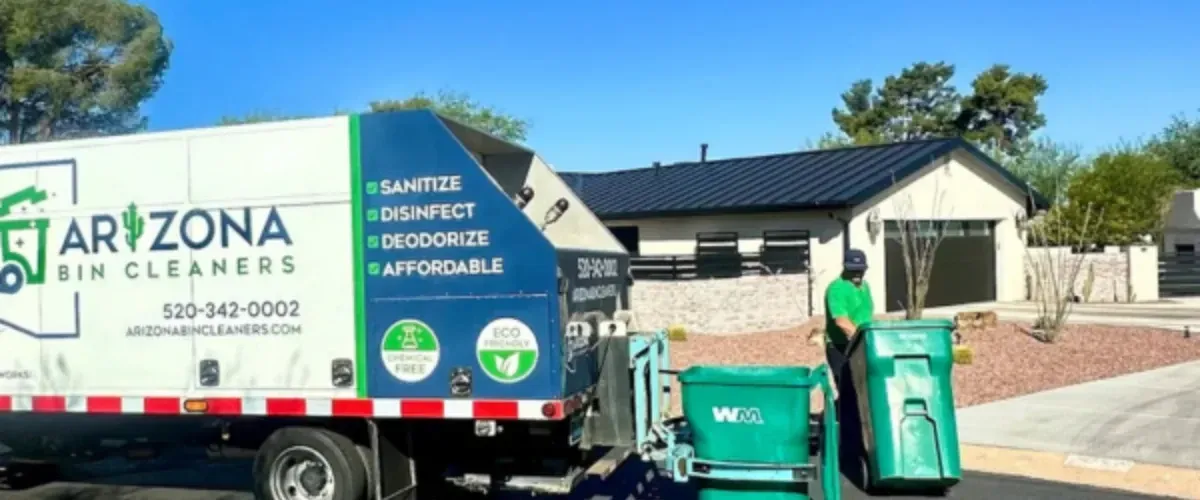Arizona Bin Cleaners truck sanitizing residential trash bins in a suburban neighborhood