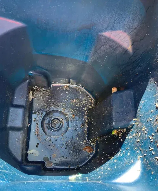 Dirty blue recycling bin interior with debris and residue before cleaning.