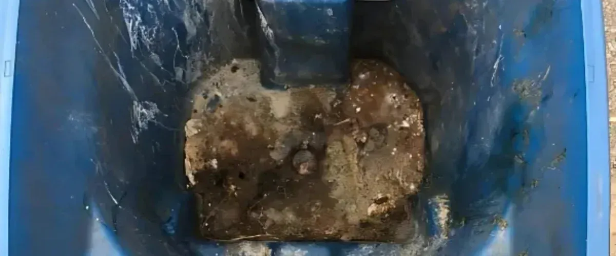 A top-down view inside a dirty blue trash can, showing a brown, moldy residue covering the bottom.