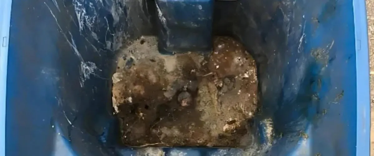 A close-up view of the dirty, grimy bottom of a blue plastic barrel or container, filled with dark debris.